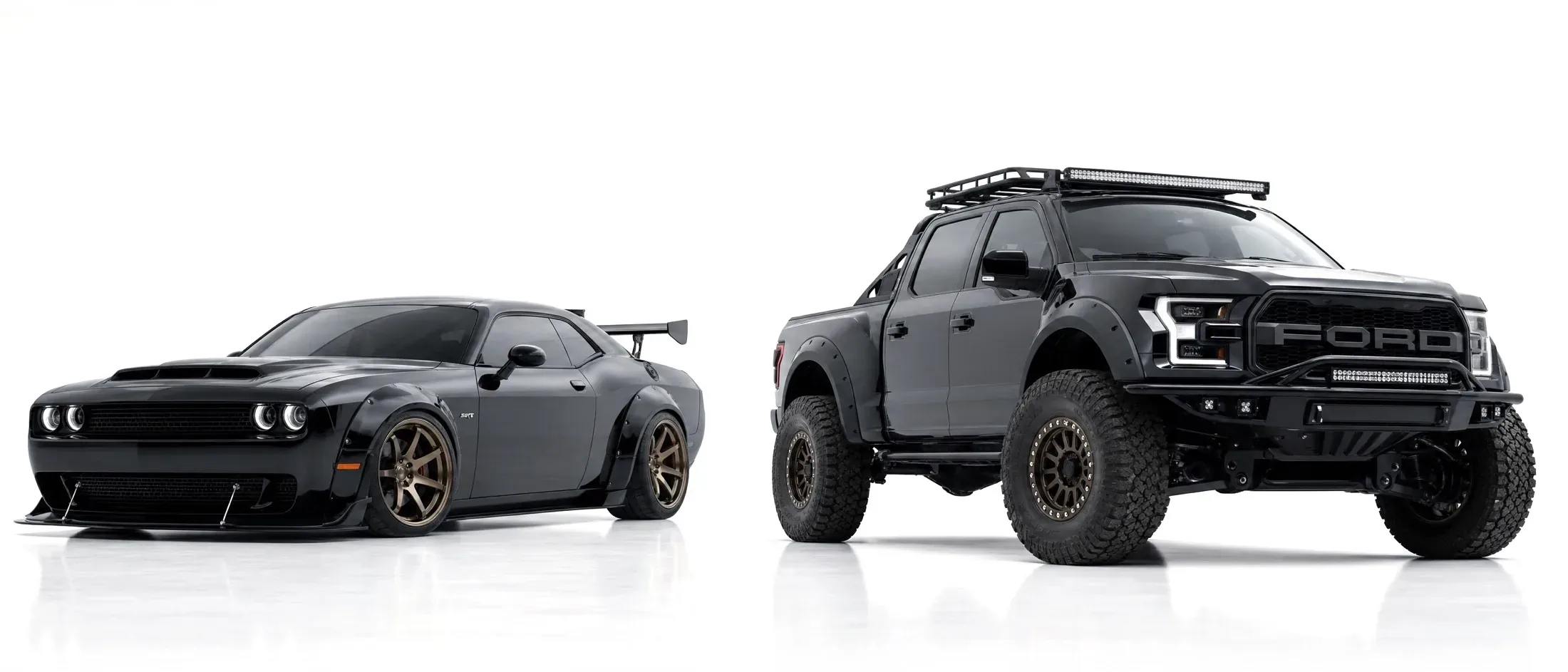 Two fully customized builds on a white studio floor